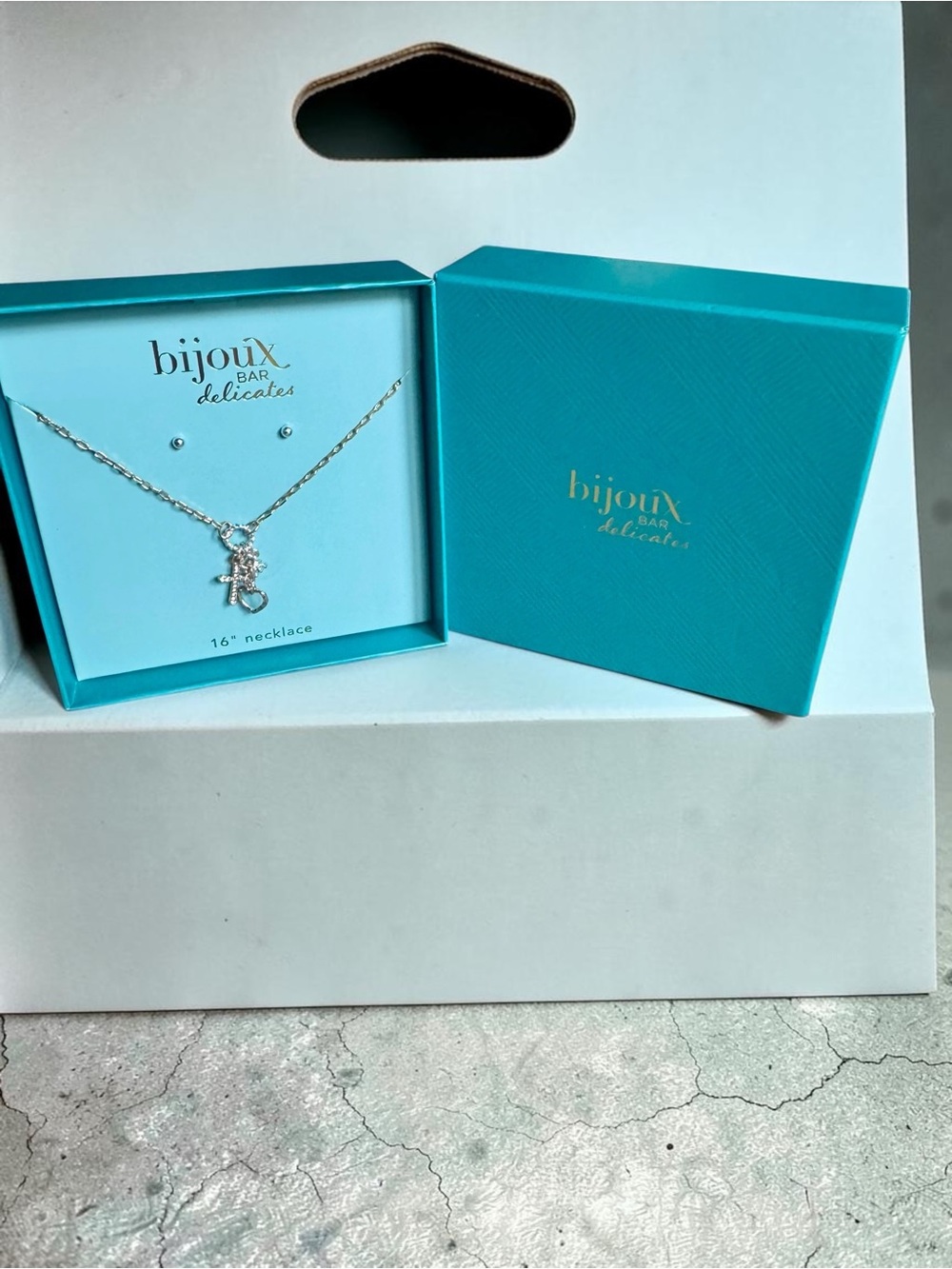 Bijoux Bar Delicates Silver Faith Necklace and Earring Set- Turquoise Box